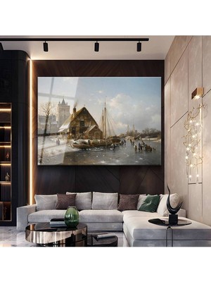 TosbArt Andreas Schelfhout Kış Manzarası Tekneler Temperli Cam Tablo Sanat Tablosu Dekoratif Tablo