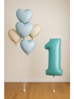 -1- Yaş Retro Mavi Rakam Folyo Balonlu Kalpli Doğum Günü Seti