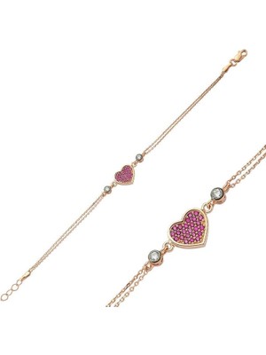 Inure Jewelry Gümüş Rose Pembe Kalpli Bayan Bileklik