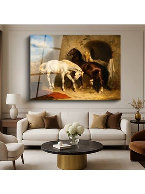 TosbArt Alfred Wörle Ahırdaki Atlar Hayvan Resmi Temperli Cam Tablo Sanat Tablosu Dekoratif Tablo