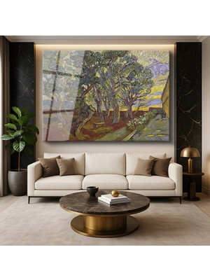 TosbArt Vincent Van Gogh Hastane Bahçesi Ağaçlar Doğa Resmi Temperli Cam Tablo Sanat Tablosu Dekoratif Tablo