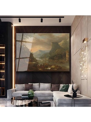 TosbArt Herman Van Swanevelt Dağlık Nehir Peyzajı Temperli Cam Tablo Sanat Tablosu Dekoratif Tablo