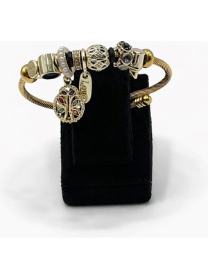 Pangu Hayat Ağacı Figürlü, Taş Detaylı Altın Renk Çelik Charm Bileklik