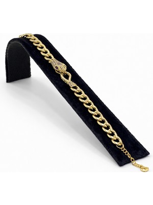 Pangu Zirkon Taşlı Yılan Figürlü Kalın Zincir Altın Renk Çelik Bileklik