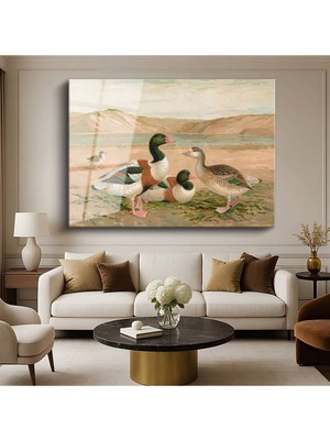 TosbArt F.k. Göl Kenarı Ördekler Su Kuşları Resmi Temperli Cam Tablo Sanat Tablosu Dekoratif Tablo