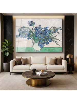 TosbArt Vincent Van Gogh Vazoda Süsenler Çiçek Natürmortu Temperli Cam Tablo Sanat Tablosu Dekoratif Tablo