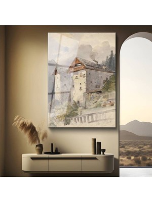 TosbArt Rudolf Von Alt Alp Dağları Kale Manzarası Temperli Cam Tablo Sanat Tablosu Dekoratif Tablo