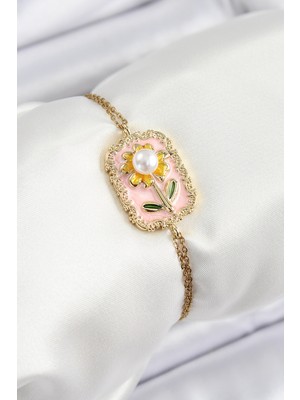 Net Damla 316L Çelik Zincir Pembe Mineli Sanatsal Portre Inci Detaylı Papatya Model Gold Renk Kadın Bileklik