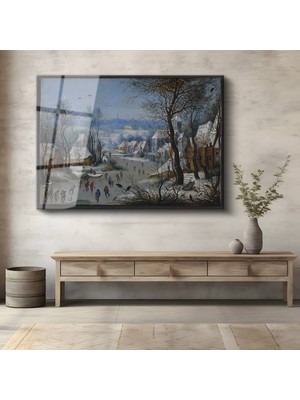 TosbArt Pieter Bruegel Kış Kar Manzarası Temperli Cam Tablo Sanat Tablosu Dekoratif Tablo