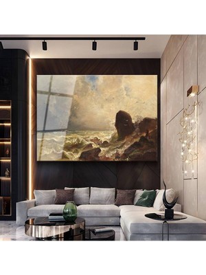 TosbArt Andreas Achenbach Fırtınalı Deniz Gemi Resmi Temperli Cam Tablo Sanat Tablosu Dekoratif Tablo