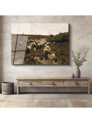 TosbArt Anton Mauve Çoban Koyun Sürüsü Kırsal Temperli Cam Tablo Sanat Tablosu Dekoratif Tablo