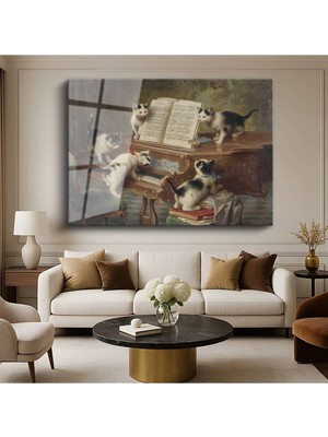 TosbArt Carl Reichert Piyano Başı Kediler Hayvan Resmi Temperli Cam Tablo Sanat Tablosu Dekoratif Tablo