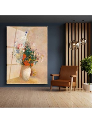 TosbArt Odilon Redon Vazo Çiçekleri Sanat Kompozisyonu Temperli Cam Tablo Sanat Tablosu Dekoratif Tablo