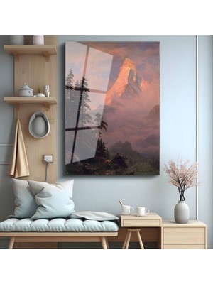 TosbArt Thomas Moran Gün Batımı Dağ Manzarası Temperli Cam Tablo Sanat Tablosu Dekoratif Tablo