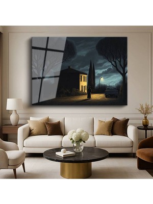 TosbArt René Magritte Gece Evi Sürrealist Mimari Resmi Temperli Cam Tablo Sanat Tablosu Dekoratif Tablo