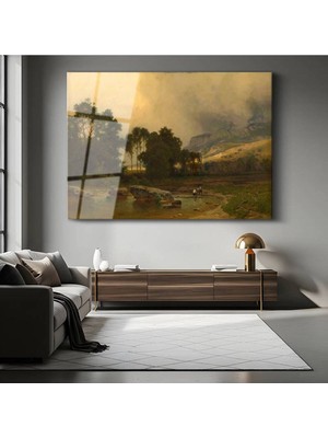 TosbArt George Inness Nehir Kenarı Peyzaj Manzarası Temperli Cam Tablo Sanat Tablosu Dekoratif Tablo