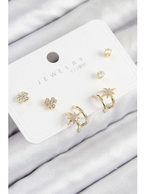 Net Damla Pirinç Zirkon Taşlı Kutup Yıldızı Model Gold Renk 925 Ayar Gümüş Çivi Kadın Küpe Set