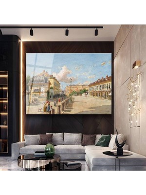TosbArt Rudolf Von Alt Viyana Sokak Şehir Manzarası Temperli Cam Tablo Sanat Tablosu Dekoratif Tablo