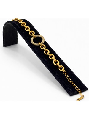 Pangu Ortası Yuvarlak Zirkon Taşlı Halka Detaylı Altın Renk Çelik Bileklik