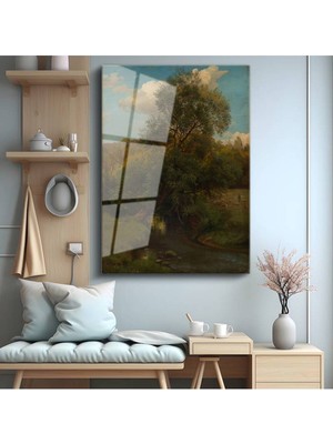 TosbArt George Inness Nehir Kenarı Ağaç Manzarası Temperli Cam Tablo Sanat Tablosu Dekoratif Tablo