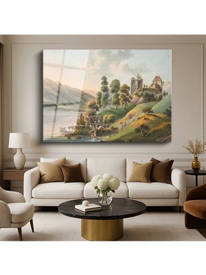 TosbArt Franz Niklaus König Göl Kenarı Şato Mimari Resmi Temperli Cam Tablo Sanat Tablosu Dekoratif Tablo