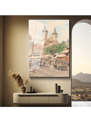 TosbArt Franz Alt Pazar Meydanı Şehir Manzarası Temperli Cam Tablo Sanat Tablosu Dekoratif Tablo