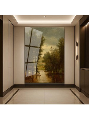 TosbArt George Inness Nehir Kayıkçısı Su Manzarası Temperli Cam Tablo Sanat Tablosu Dekoratif Tablo