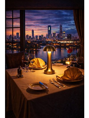 Mantar Masa Lambası Gold Renk Kablosuz Ledli Masa Lambası  Şarjlı USB Li