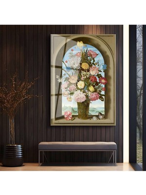 TosbArt Ambrosius Bosschaert Kemerli Pencere Çiçekleri Temperli Cam Tablo Sanat Tablosu Dekoratif Tablo