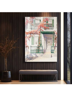 TosbArt Childe Hassam Sonbahar Evi Manzara Temperli Cam Tablo Sanat Tablosu Dekoratif Tablo