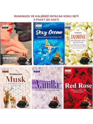 Darshan Geri Akışlı Şelale Tütsü Koni Seti (6 Koku) - Sexy Ocean, Aphrodisia, Red Rose, Vanilla, Jasmine, Musk