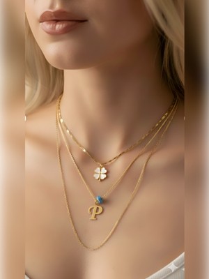 Elora Veyn Kadın Gold Harmony Kombin Üçlü P Harfli Kolye