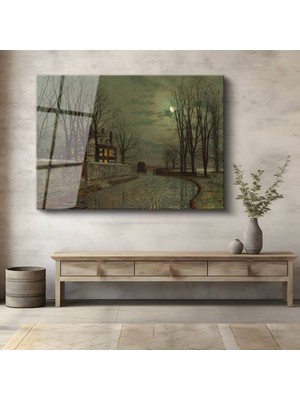 TosbArt John Atkinson Grimshaw Ay Işığı Kış Kar Manzarası Temperli Cam Tablo Sanat Tablosu Dekoratif Tablo