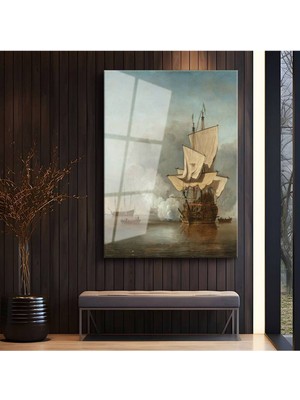 TosbArt Willem Van De Velde Denizde Yelkenli Gemiler Temperli Cam Tablo Sanat Tablosu Dekoratif Tablo