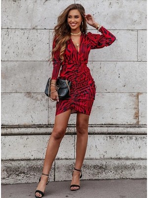 Mericline Kadın Uzun Kollu Kruvaze Yaka Ön Kısım Büzgülü Dalgıç Mini Boy Elbise