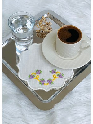 PremiumPort Çiçek Nakışlı Kahve Altlığı ve Peçete Takımı, 6’lı Set