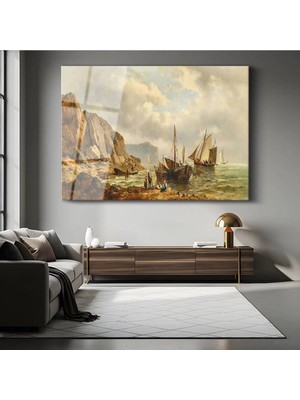 TosbArt Andreas Achenbach Kayalık Sahil Tekneler Deniz Temperli Cam Tablo Sanat Tablosu