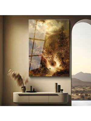 TosbArt Albert Bierstadt Dağ Evleri Şelale Manzarası Temperli Cam Tablo Sanat Tablosu Dekoratif Tablo