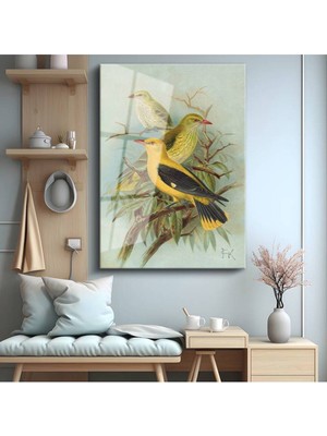 TosbArt F.k. Sarı Kuşlar Üçlü Kompozisyon Temperli Cam Tablo Sanat Tablosu Dekoratif Tablo