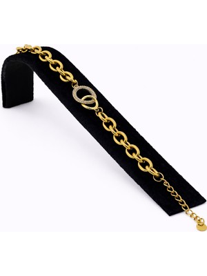 Pangu Taş Detaylı Oval Halkalı Altın Renk Çelik Bileklik