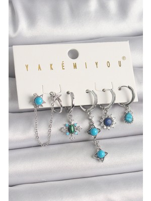 Net Damla Pirinç Gümüş Renk Zirkon Taş Detaylı Mavi Boncuklu Çiçek Model Vıp Seri Kadın Küpe Kombini