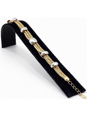 Pangu Altın ve Gümüş Renk Detaylı Çoklu Zincir Çelik Bileklik