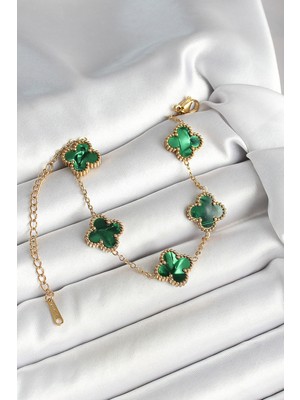 Net Damla 316L Çelik Sedefli Zümrüt Yeşil Gold Renk Yonca Kadın Bileklik