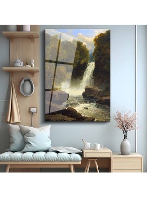 TosbArt Albert Bierstadt Şelale Doğa Manzarası Temperli Cam Tablo Sanat Tablosu Dekoratif Tablo