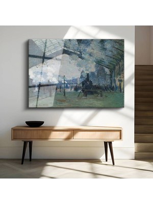 TosbArt Claude Monet Saint-Lazare Garı Tren Istasyonu Temperli Cam Tablo Sanat Tablosu Dekoratif Tablo