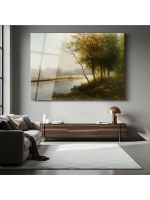 TosbArt Jean-Baptiste-Camille Corot Nehir Kenarı Ağaçlar Doğa Temperli Cam Tablo Sanat Tablosu