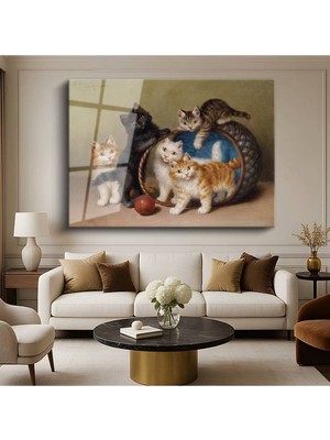 TosbArt Henriette Ronner-Knip Sepetteki Yavru Kediler Hayvan Temperli Cam Tablo Sanat Tablosu