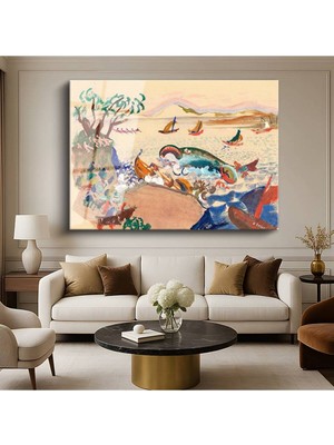 TosbArt Gustave Loiseau Renkli Sahil Deniz Manzarası Temperli Cam Tablo Sanat Tablosu Dekoratif Tablo