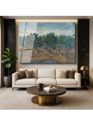 TosbArt Vincent Van Gogh Zeytin Ağaçları Akdeniz Manzarası Temperli Cam Tablo Sanat Tablosu Dekoratif Tablo