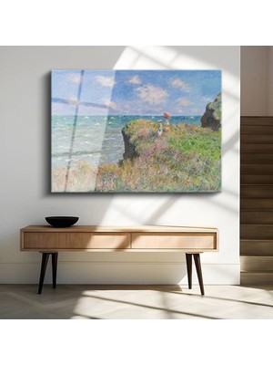 TosbArt Claude Monet Pourville Uçurum Deniz Manzarası Temperli Cam Tablo Sanat Tablosu Dekoratif Tablo